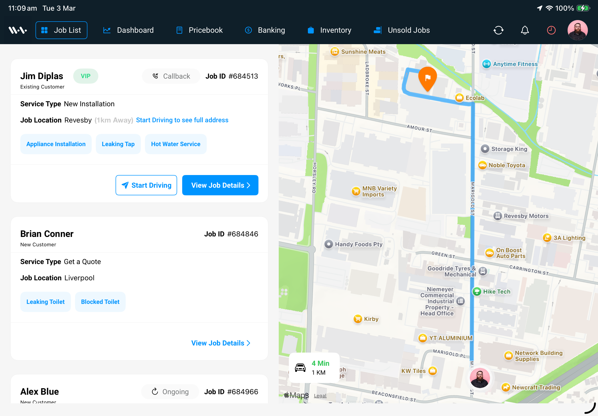 WurkBox field app — job list with map and routing