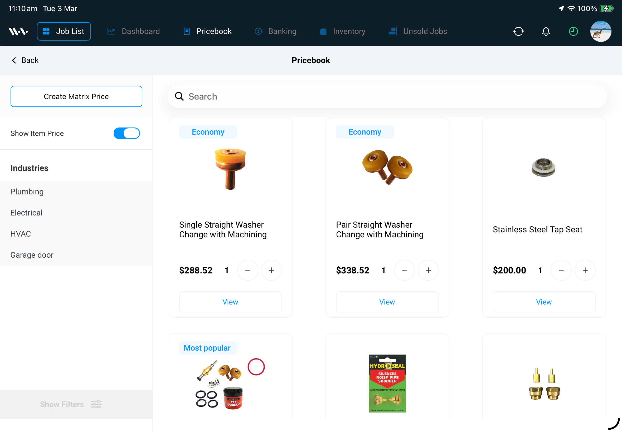 WurkBox Pricebook on iPad — product cards with pricing tiers